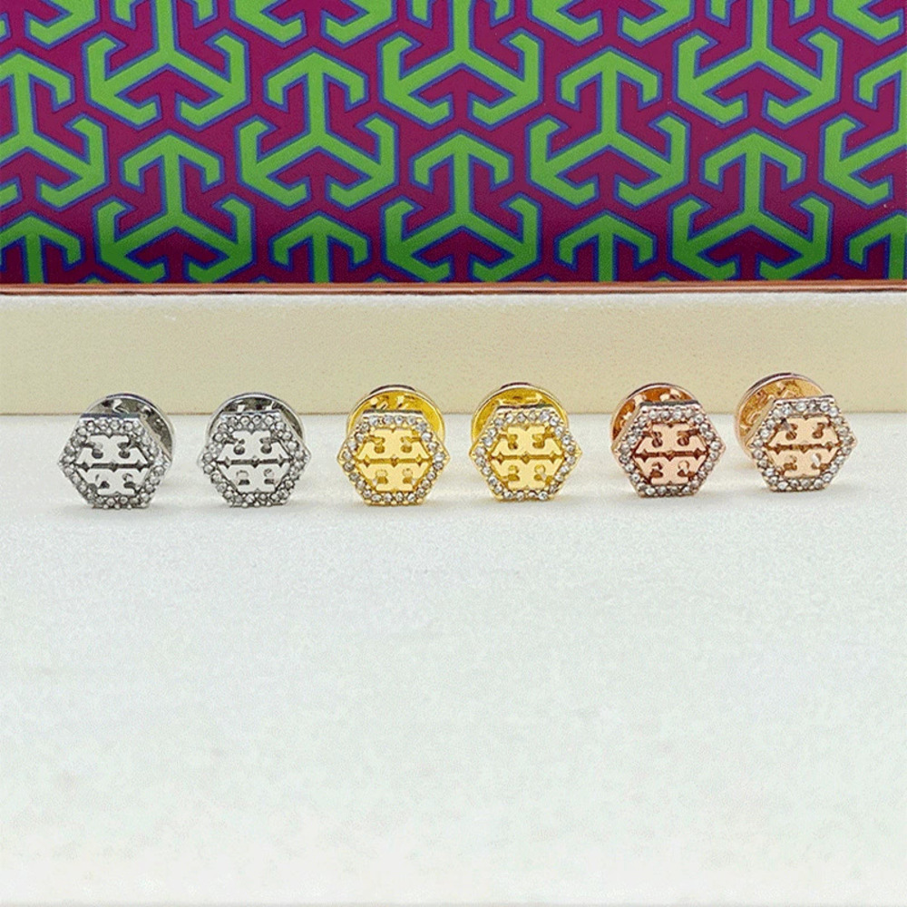 Tory Burch Hexagon Rhinestone Metal Stud Earrings